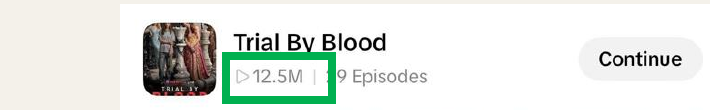 TikTok card header for Trial By Blood — 12.5M plays, 29 episodes.
